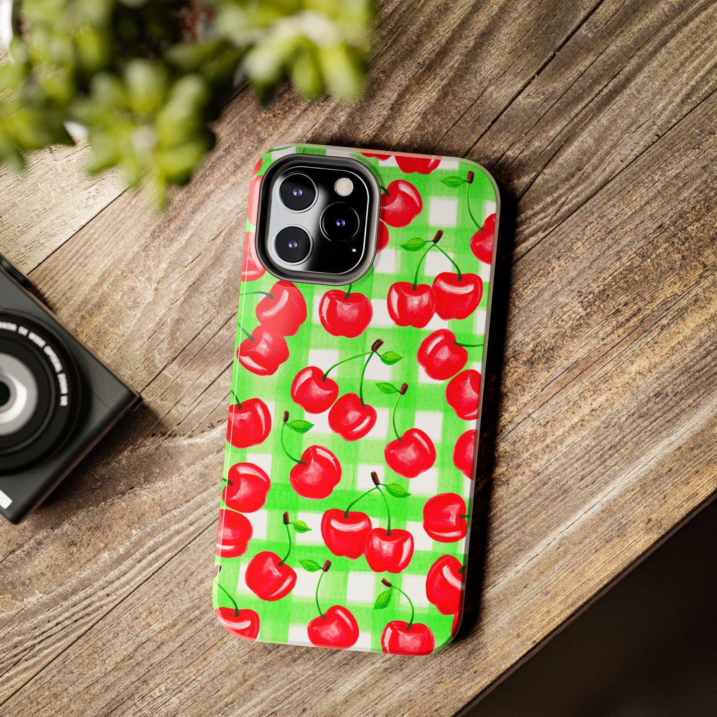 Red Tossed Cherries Green Gingham Watercolor Illustrated Tough Phone Case | Various Models Available