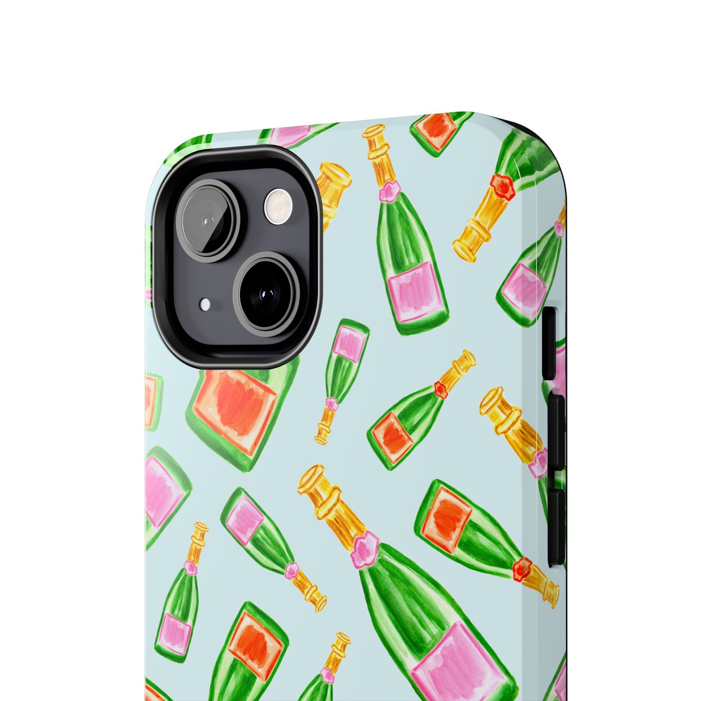 Tossed Pink and Green & Orange and Green Watercolor Illustrated Champagne Bottles Pattern Light Blue Tough Phone Case | Various Models