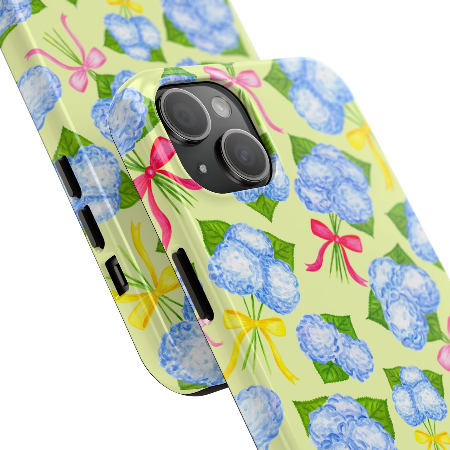 Blue Watercolor Hydrangea Bunches with Hot Pink, Yellow, Light Pink Bows Illustrated Patterned Yellow Tough Phone Case | Various Models