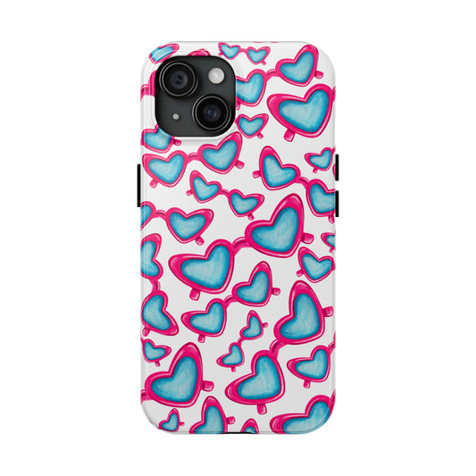 Pink & Blue Heart Shaped Sunglasses Watercolor Illustrated Tossed Pattern Tough Case | Various Models iPhone 15