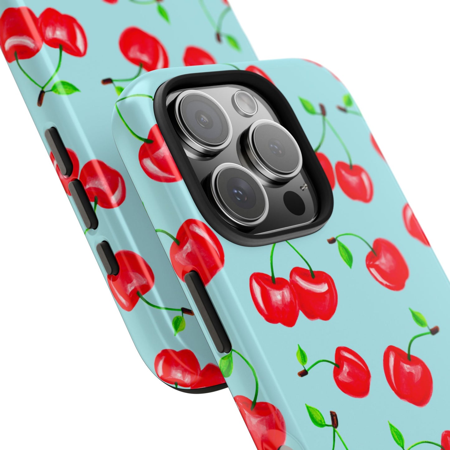 Tossed Red Watercolor Cherries Illustrated Pattern Bright Blue Tough Phone Case | Various Models