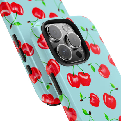 Tossed Red Watercolor Cherries Illustrated Pattern Bright Blue Tough Phone Case | Various Models