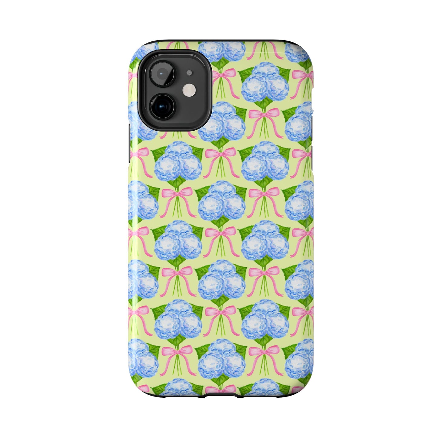 Blue Watercolor Hydrangea Bouquets with Light Pink Bows Watercolor Illustrated Patterned Yellow Tough Phone Case | Various Models