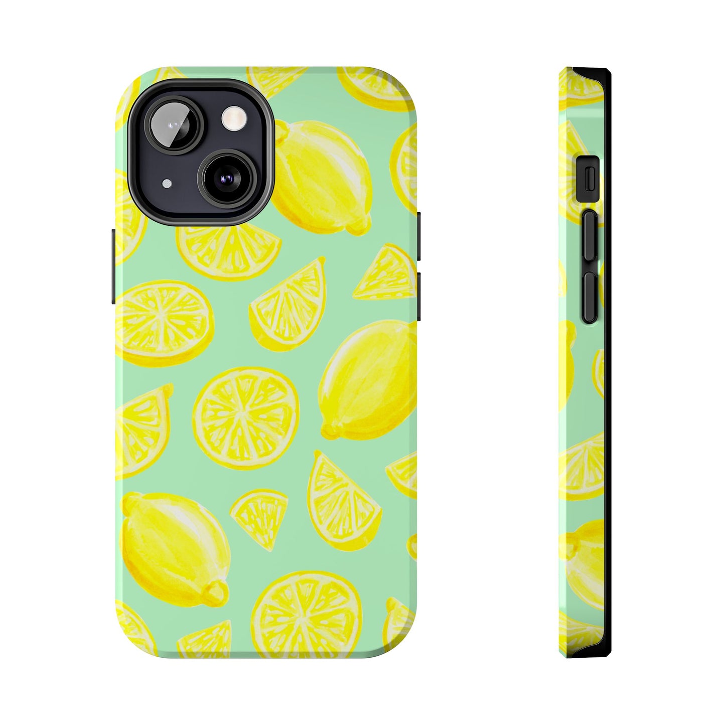 Bright Yellow Lemons Watercolor Illustrated Tossed Pattern Mint Green Tough Phone Case | Various Models