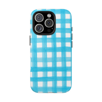 Turquoise Gingham Watercolor Illustrated Tough Phone Case | Various Models Available