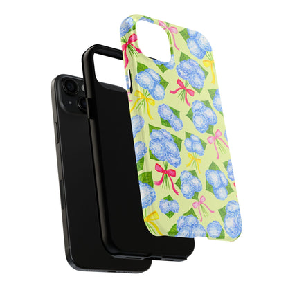 Blue Watercolor Hydrangea Bunches with Hot Pink, Yellow, Light Pink Bows Illustrated Patterned Yellow Tough Phone Case | Various Models