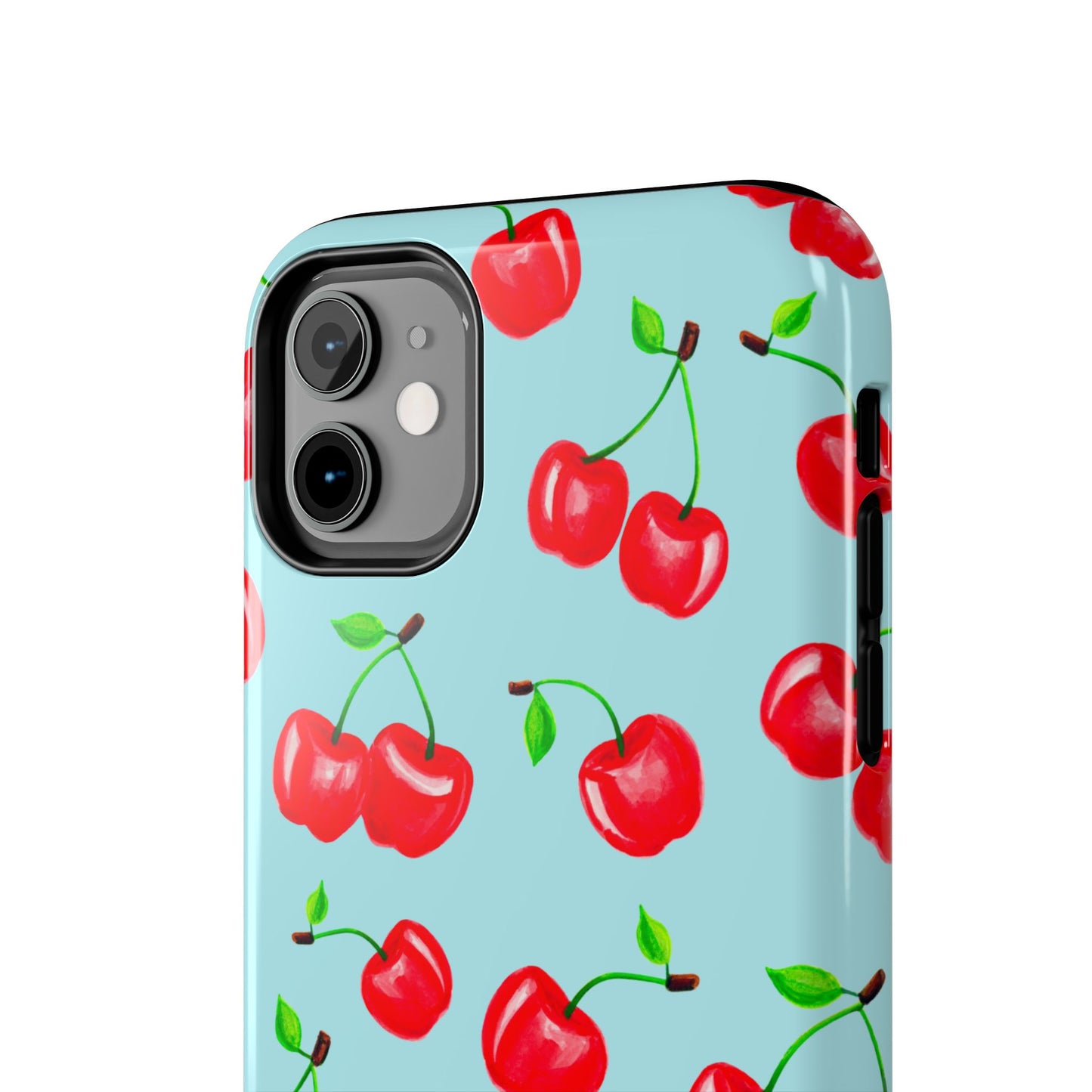 Tossed Red Watercolor Cherries Illustrated Pattern Bright Blue Tough Phone Case | Various Models
