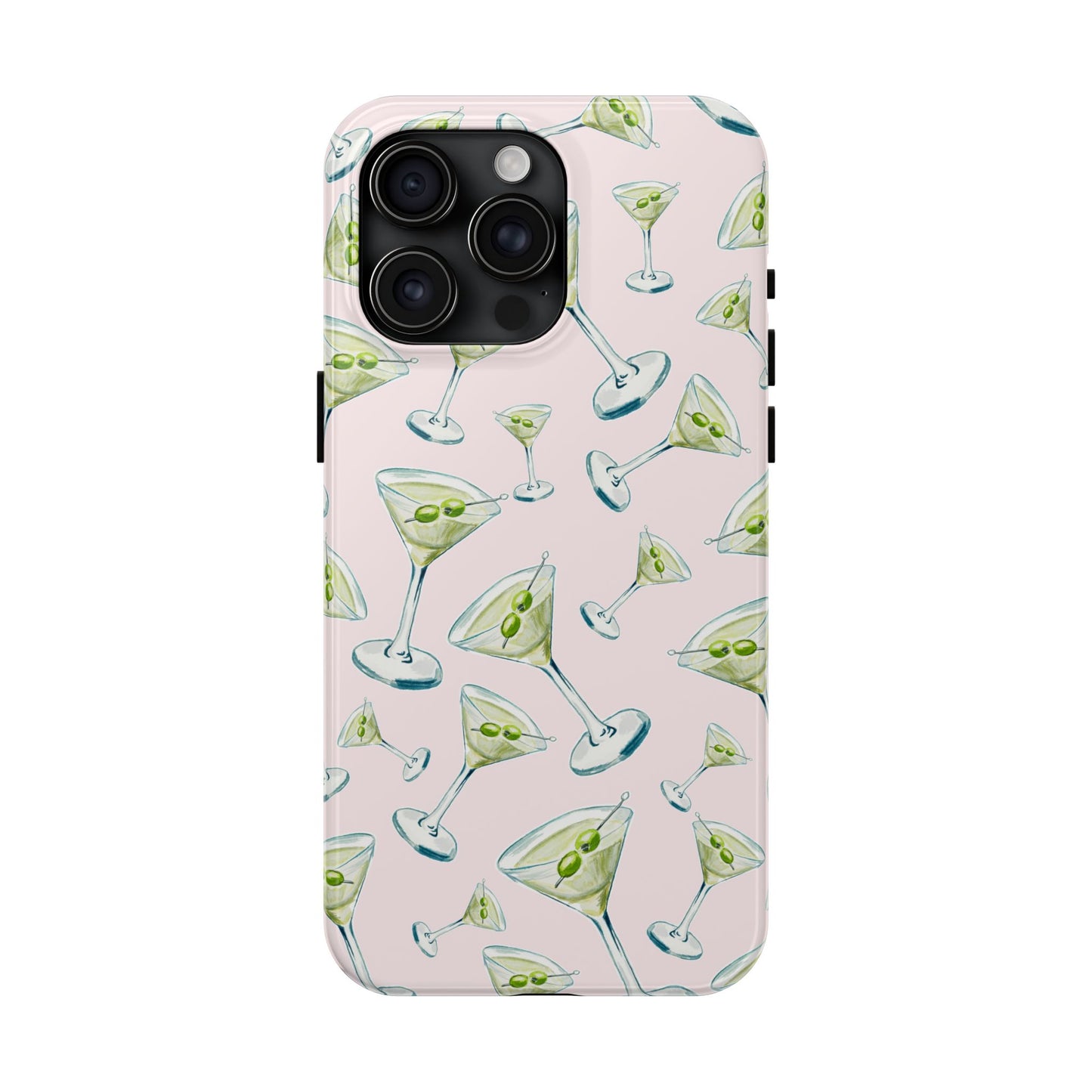 Watercolor Blue and Green Martinis Tossed Illustrated Pattern Blush Pink Tough Phone Case | Various Models