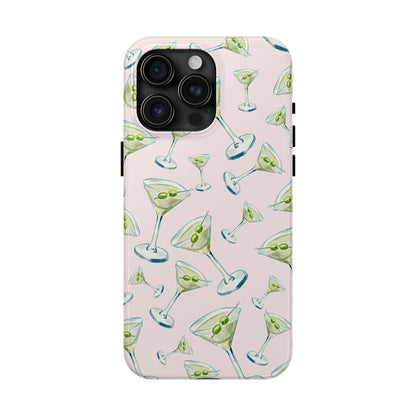 Watercolor Blue and Green Martinis Tossed Illustrated Pattern Blush Pink Tough Phone Case | Various Models