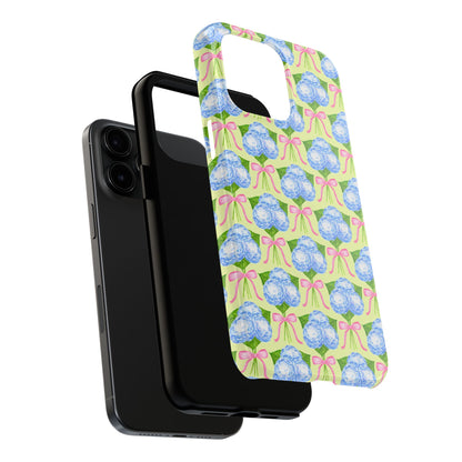 Blue Watercolor Hydrangea Bouquets with Light Pink Bows Watercolor Illustrated Patterned Yellow Tough Phone Case | Various Models