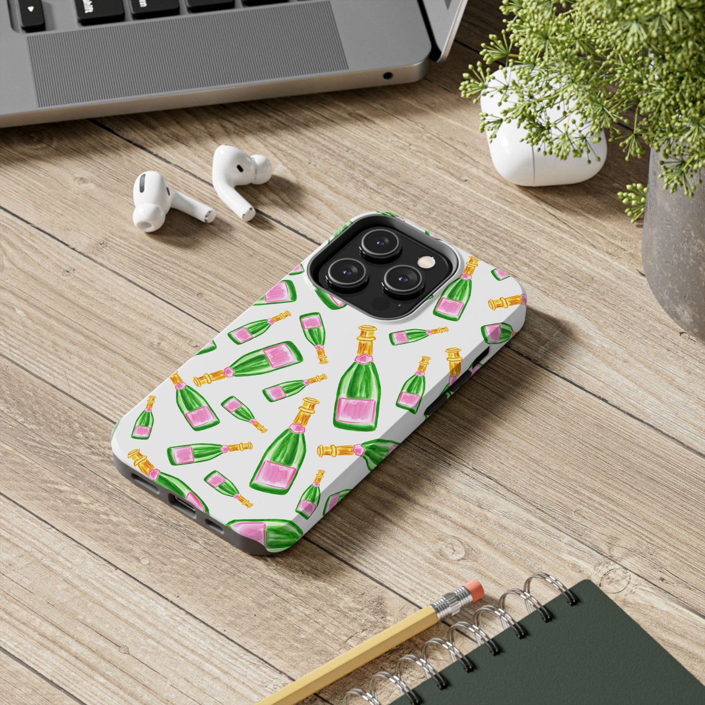 Copy of Tossed Pink and Green Watercolor Illustrated Champagne Bottles Pattern Tough Phone Case | Various Models