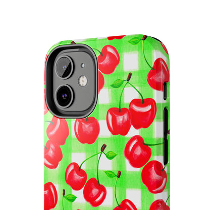 Red Tossed Cherries Green Gingham Watercolor Illustrated Tough Phone Case | Various Models Available