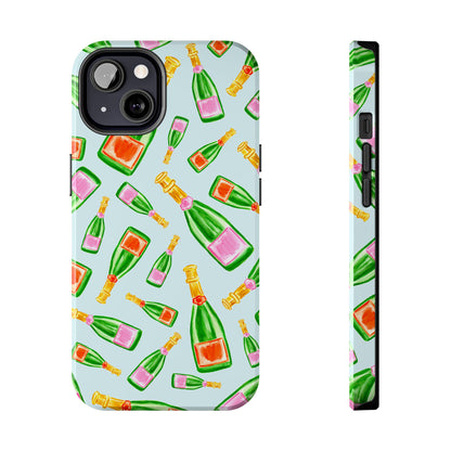 Tossed Pink and Green & Orange and Green Watercolor Illustrated Champagne Bottles Pattern Light Blue Tough Phone Case | Various Models