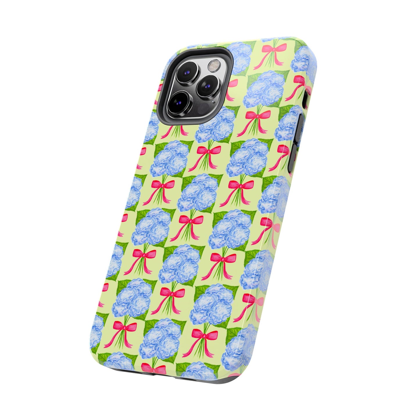 Blue Watercolor Hydrangea Bouquets with Hot Pink Bows Illustrated Patterned Yellow Preppy Grand Millenial Tough Phone Case | Various Models