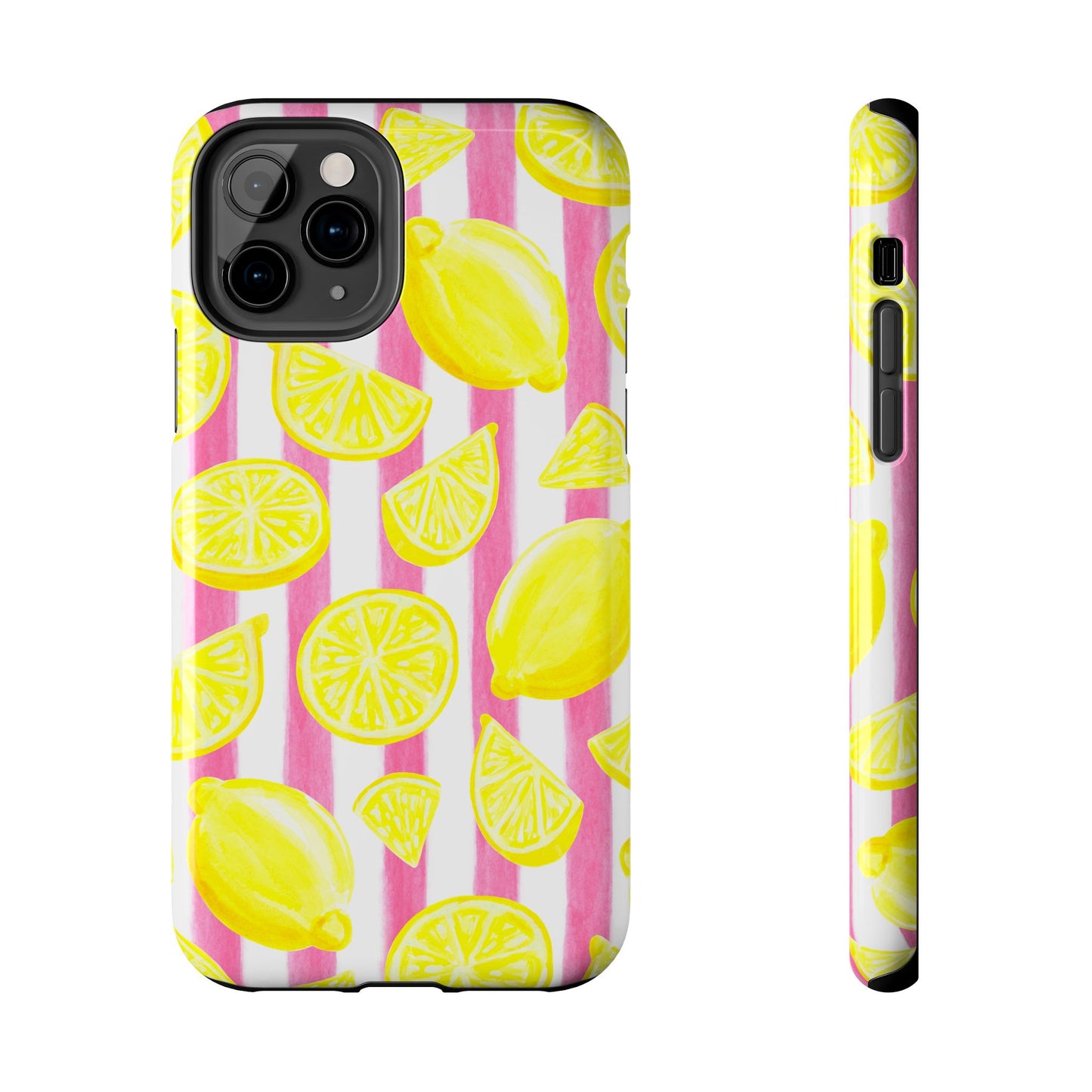 Pink Lemonade Yellow Lemons with Pink & White Watercolor Stripes Tough Phone Case