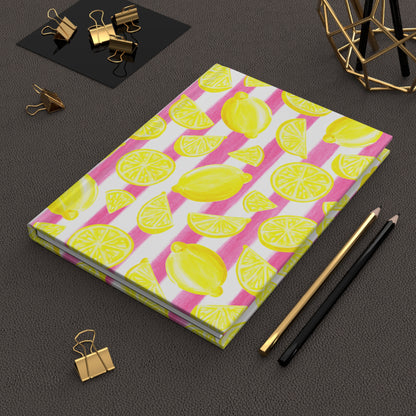Yellow Lemons Watercolor Illustrated Light Pink Stripes Hardcover Journal Matte 8"x5.75"