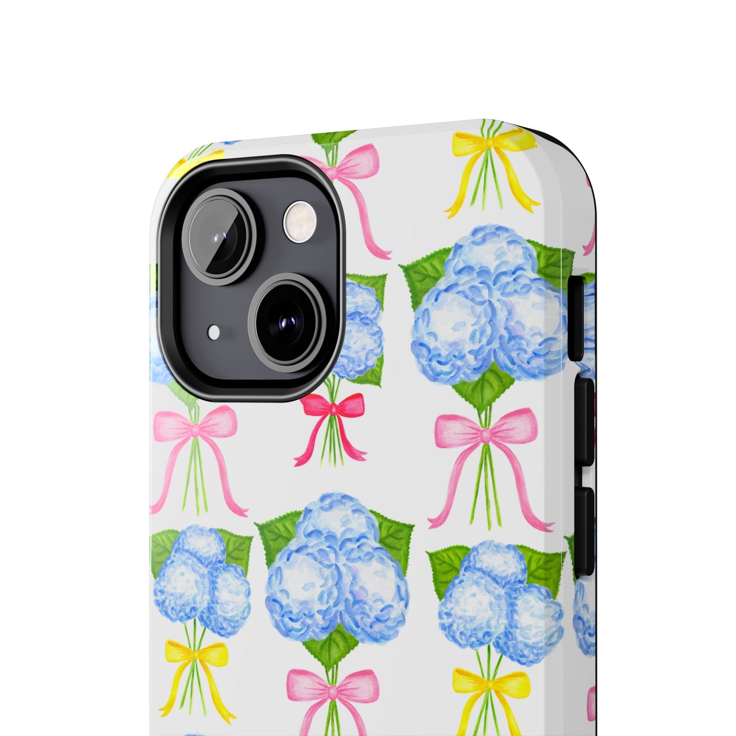 Blue Hydrangeas with Hot Pink, Yellow, Light Pink Bows Watercolor Illustrated Patterned Tough Phone Case | Various Models