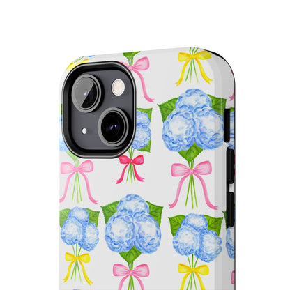 Blue Hydrangeas with Hot Pink, Yellow, Light Pink Bows Watercolor Illustrated Patterned Tough Phone Case | Various Models