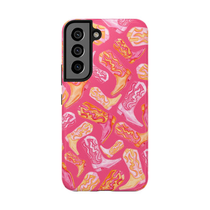 Tossed Hot Pink & Orange Watercolor Cowboy Boots Hot Pink Tough Phone Cases | Various Models Samsung Galaxy S22