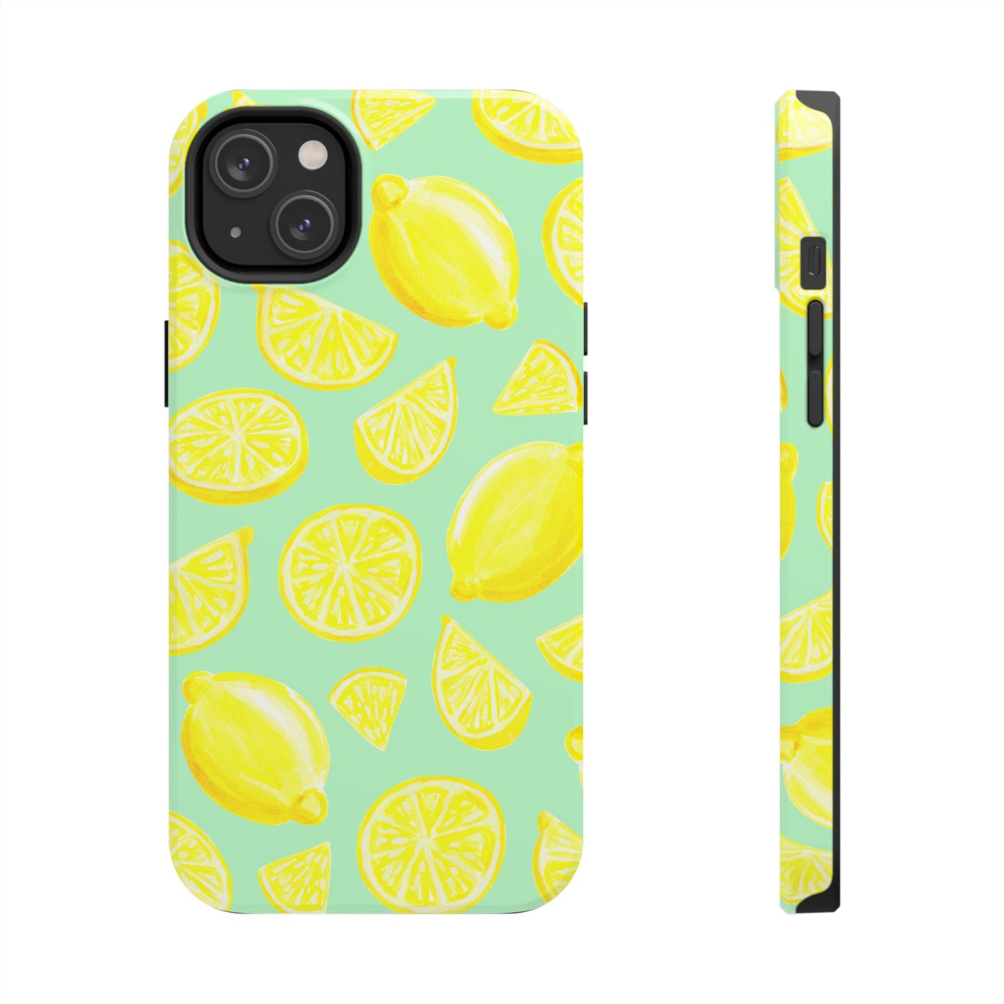 Bright Yellow Lemons Watercolor Illustrated Tossed Pattern Mint Green Tough Phone Case | Various Models