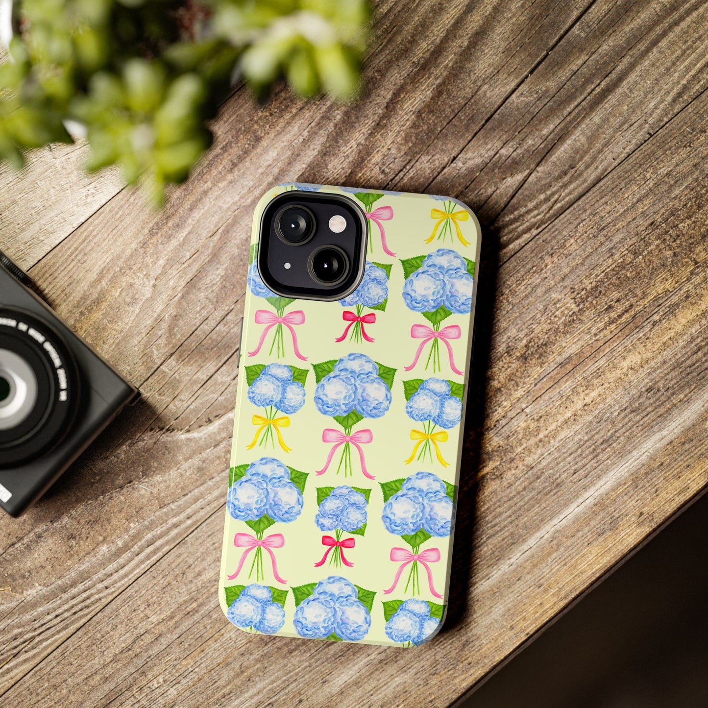 Blue Hydrangeas with Hot Pink, Yellow, Light Pink Bows Watercolor Illustrated Patterned Light Yellow Tough Phone Case | Various Models