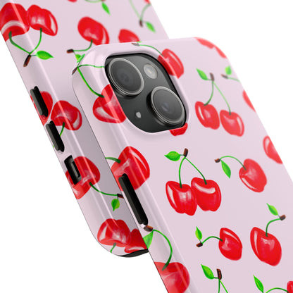 Tossed Red Watercolor Cherries Illustrated Pattern Light Pink Tough Phone Case | Various Models