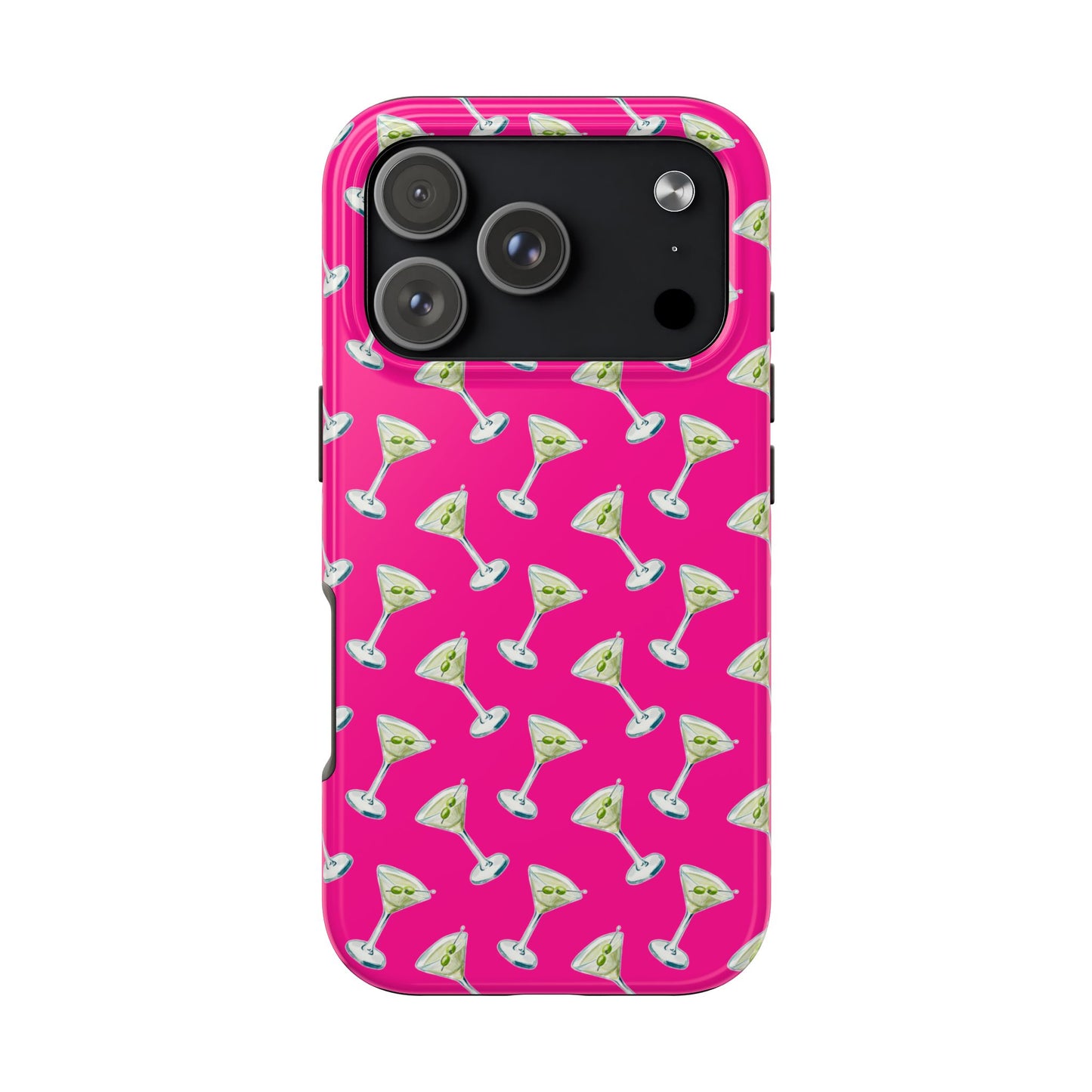 Hot Pink Mini Martini Watercolor Illustrated Tossed Pattern Tough Phone Case | Various Models Available iPhone 17 Pro