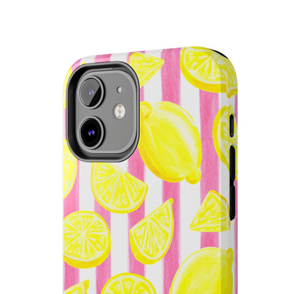 Pink Lemonade Yellow Lemons with Pink & White Watercolor Stripes Tough Phone Case