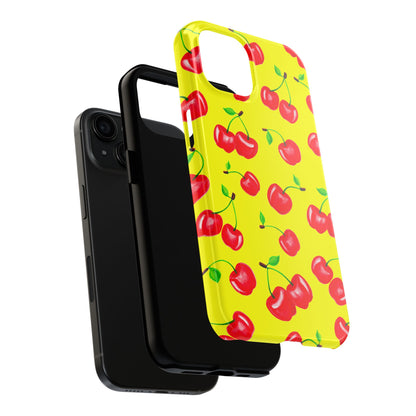 Tossed Red Watercolor Cherries Illustrated Pattern Bright Yellow Tough Phone Case | Various Models
