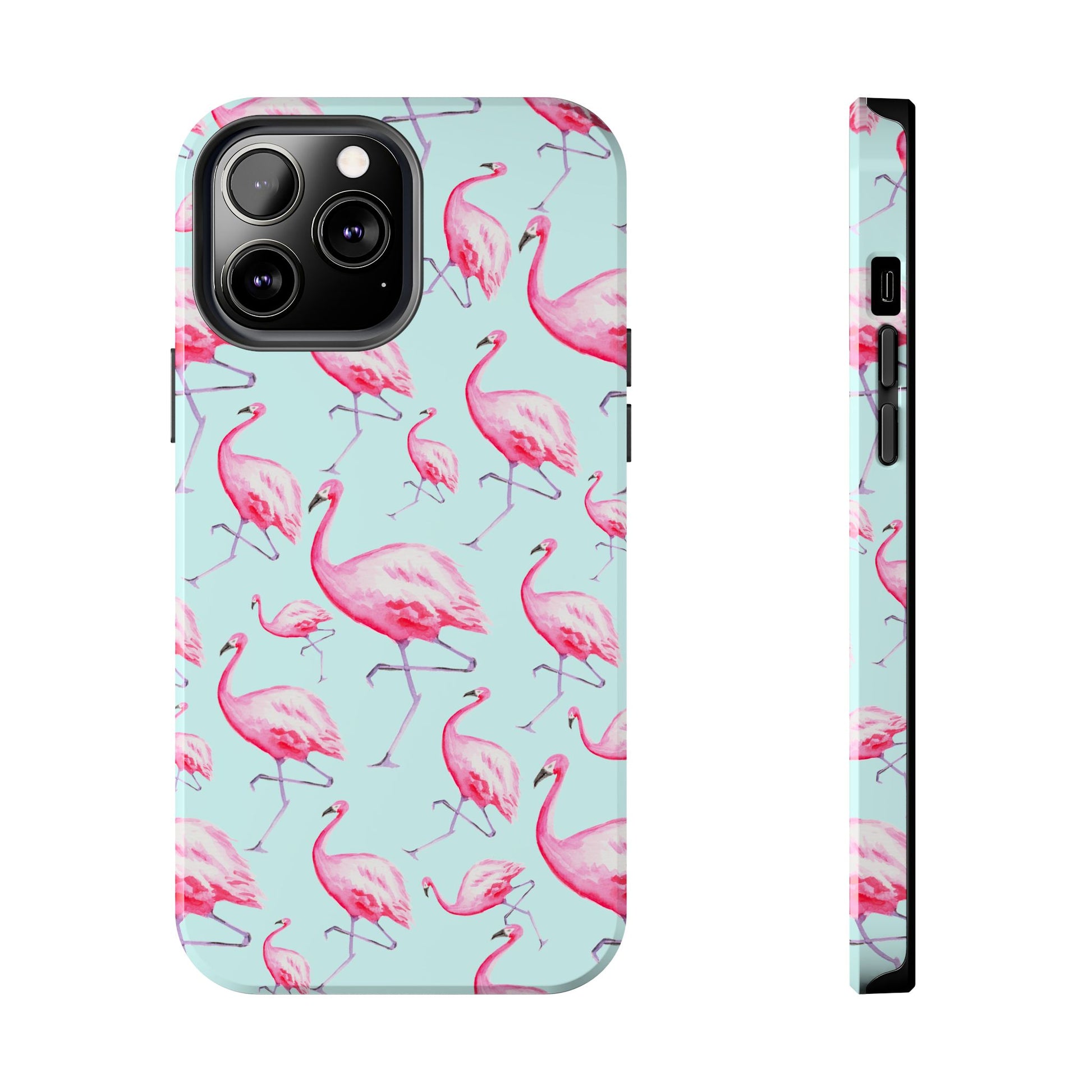 Pink Flamingos Watercolor Illustrated Tossed Pattern Blue Phone Case | Various Models iPhone 13 Pro Max