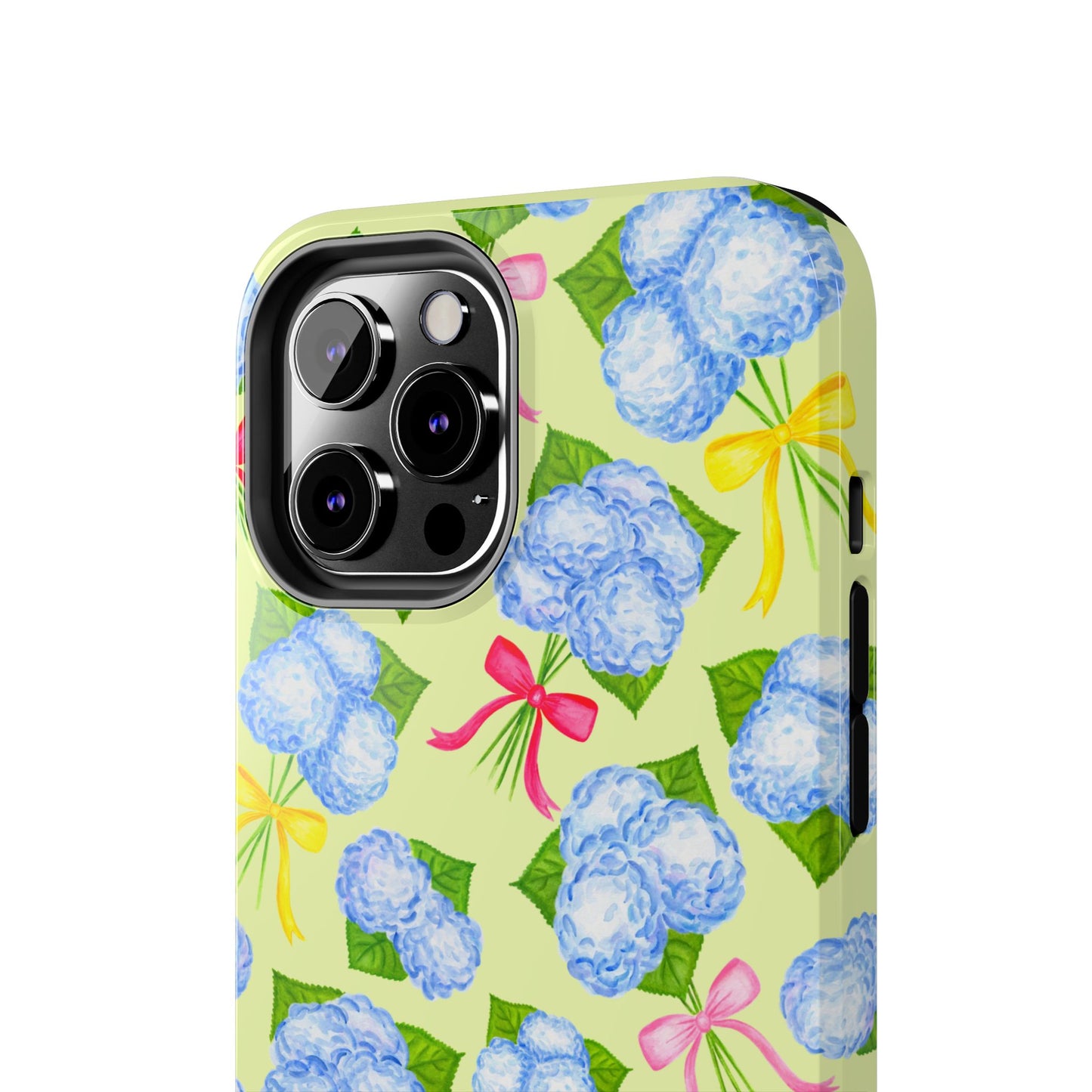 Blue Watercolor Hydrangea Bunches with Hot Pink, Yellow, Light Pink Bows Illustrated Patterned Yellow Tough Phone Case | Various Models