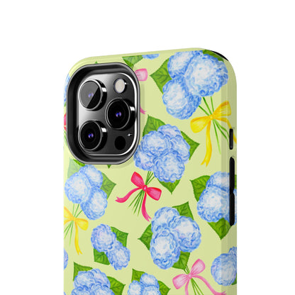 Blue Watercolor Hydrangea Bunches with Hot Pink, Yellow, Light Pink Bows Illustrated Patterned Yellow Tough Phone Case | Various Models
