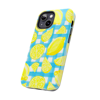 Yellow Lemons & Turquoise Gingham Watercolor Illustrated Tough Phone Case | Various Models Available