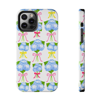 Blue Hydrangeas with Hot Pink, Yellow, Light Pink Bows Watercolor Illustrated Patterned Tough Phone Case | Various Models