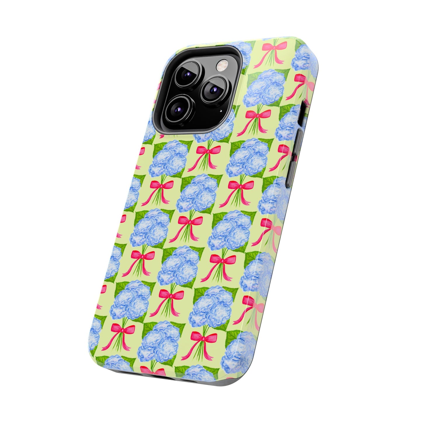 Blue Watercolor Hydrangea Bouquets with Hot Pink Bows Illustrated Patterned Yellow Preppy Grand Millenial Tough Phone Case | Various Models