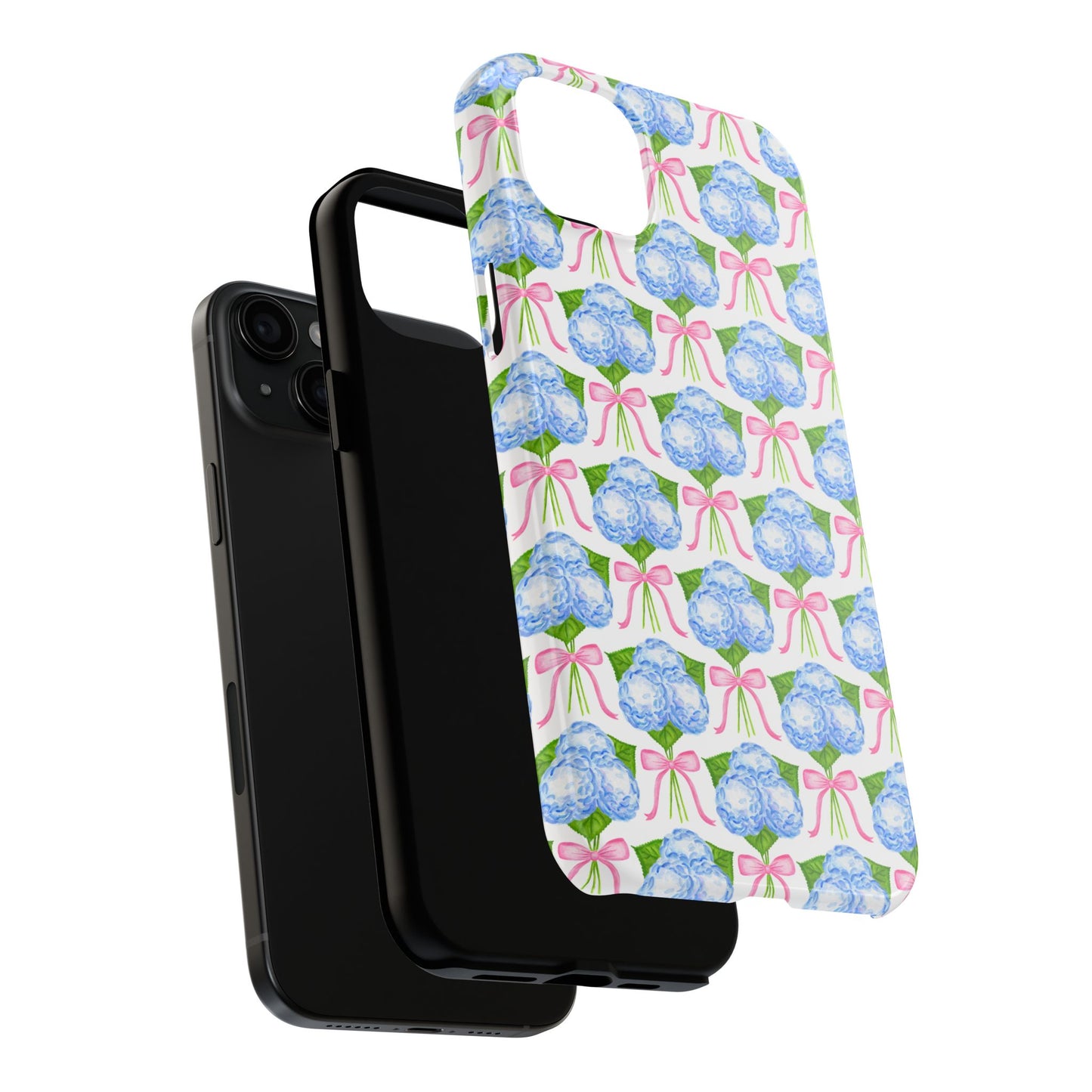Blue Watercolor Hydrangea Bouqets with Light Pink Bows Watercolor Illustrated Patterned Tough Phone Case | Various Models
