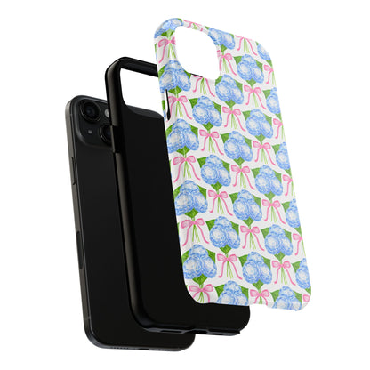 Blue Watercolor Hydrangea Bouqets with Light Pink Bows Watercolor Illustrated Patterned Tough Phone Case | Various Models