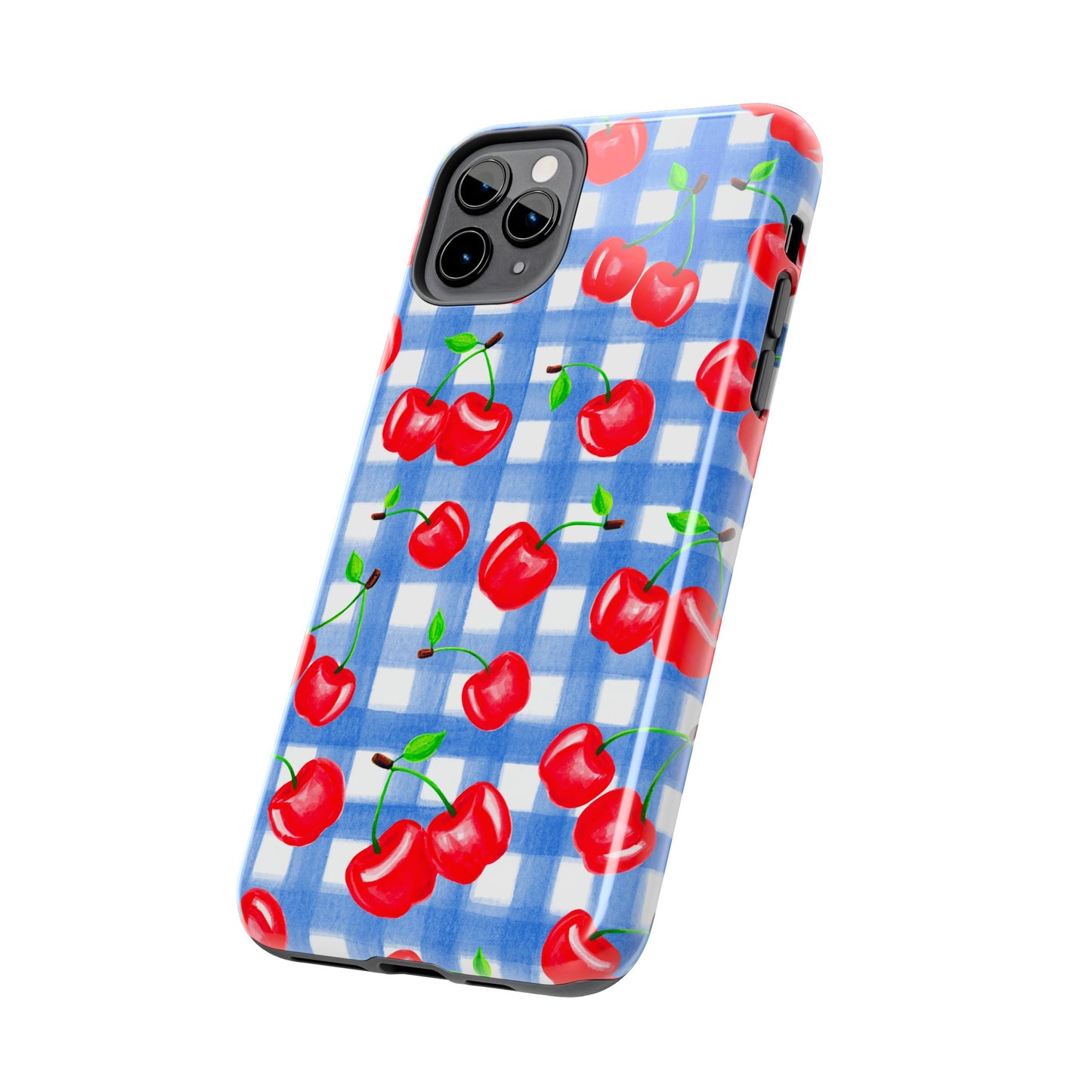 Tossed Red Watercolor Illustrated Cherries Light Blue Gingham Tough Phone Case | Various Models