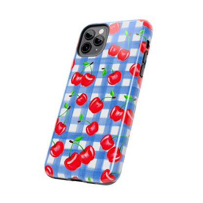 Tossed Red Watercolor Illustrated Cherries Light Blue Gingham Tough Phone Case | Various Models