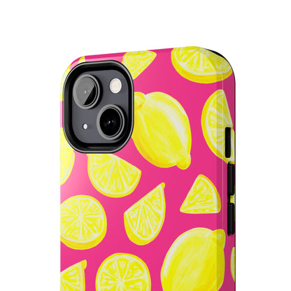 Bright Yellow Lemons Watercolor Illustrated Tossed Pattern Watermelon Pink Tough Phone Case | Various Models