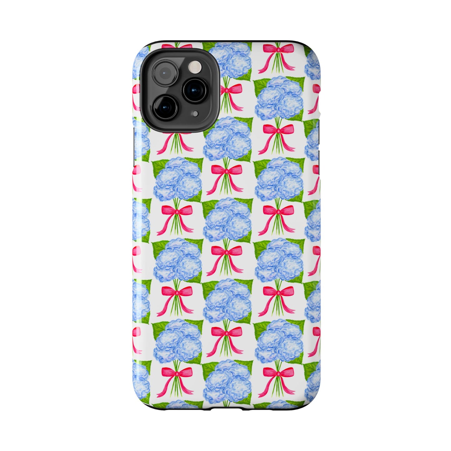 Blue Watercolor Hydrangea Bouquets with Hot Pink Bows Illustrated Patterned Tough Phone Case | Various Models