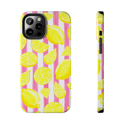 Pink Lemonade Yellow Lemons with Pink & White Watercolor Stripes Tough Phone Case