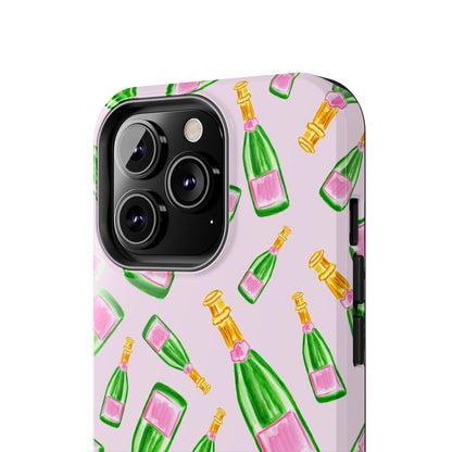 Tossed Pink and Green Watercolor Illustrated Champagne Bottles Pattern Blush Pink Tough Phone Case | Various Models