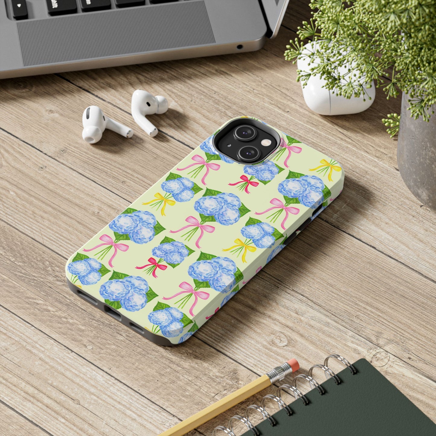 Blue Hydrangeas with Hot Pink, Yellow, Light Pink Bows Watercolor Illustrated Patterned Light Yellow Tough Phone Case | Various Models