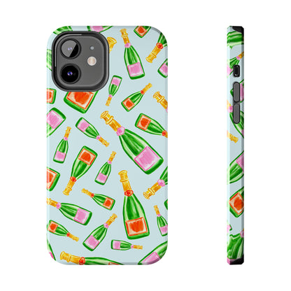 Tossed Pink and Green & Orange and Green Watercolor Illustrated Champagne Bottles Pattern Light Blue Tough Phone Case | Various Models