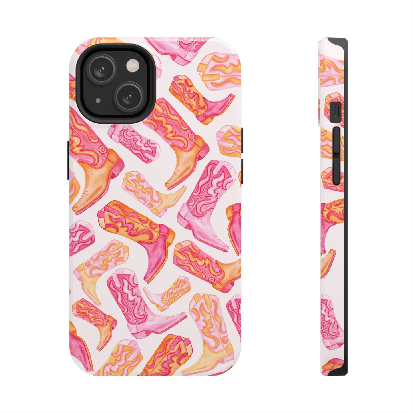 Tossed Hot Pink & Orange Watercolor Cowboy Boots Tough Light Pink Phone Case | Various Models Available iPhone 14