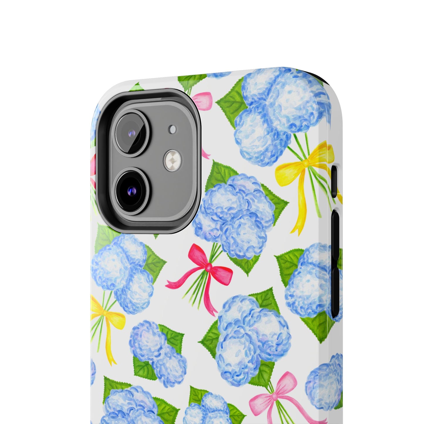 Blue Watercolor Hydrangea Bunches with Hot Pink, Yellow, Light Pink Bows Illustrated Patterned Tough Phone Case | Various Models