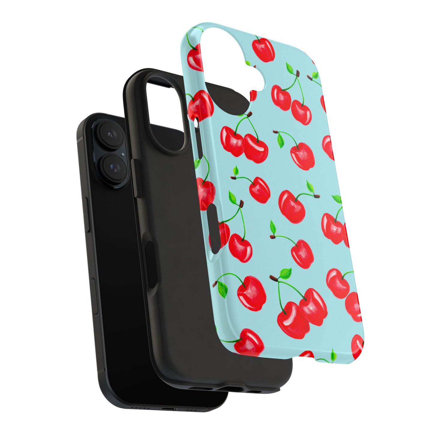 Tossed Red Watercolor Cherries Illustrated Pattern Bright Blue Tough Phone Case | Various Models