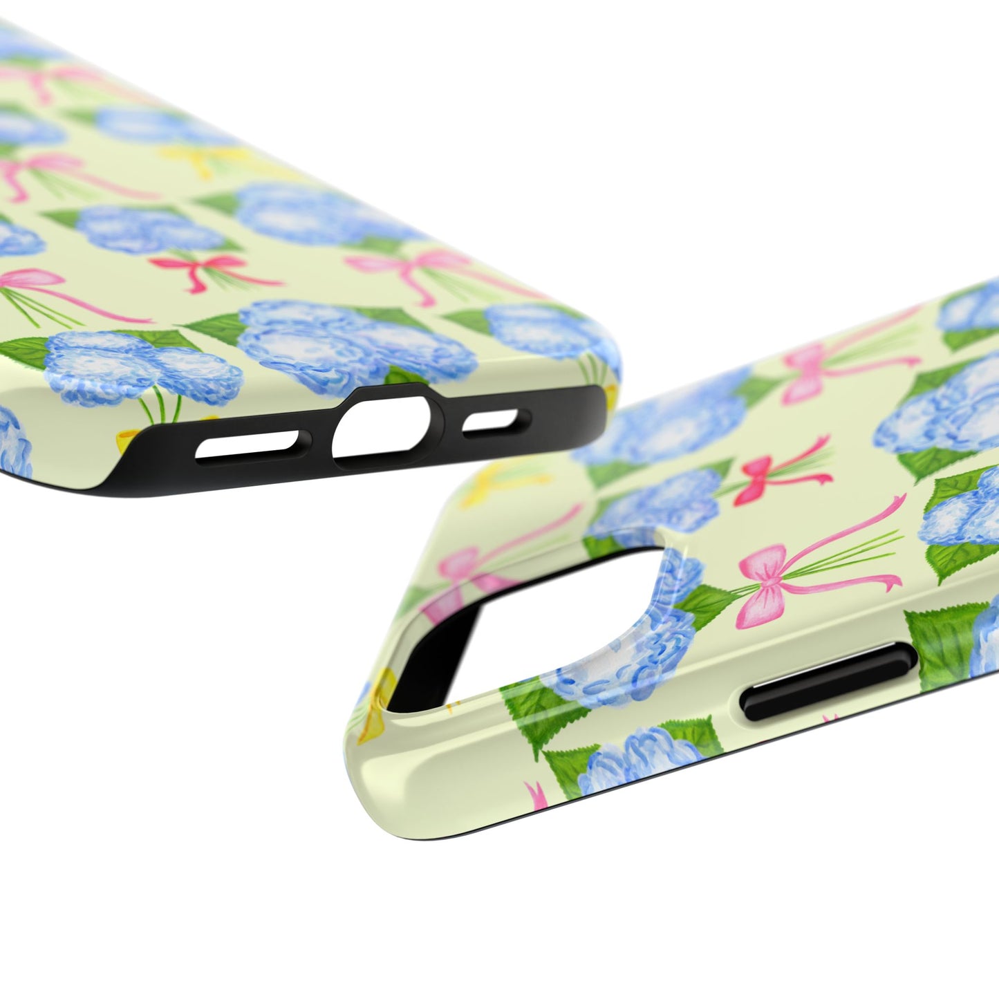 Blue Hydrangeas with Hot Pink, Yellow, Light Pink Bows Watercolor Illustrated Patterned Light Yellow Tough Phone Case | Various Models