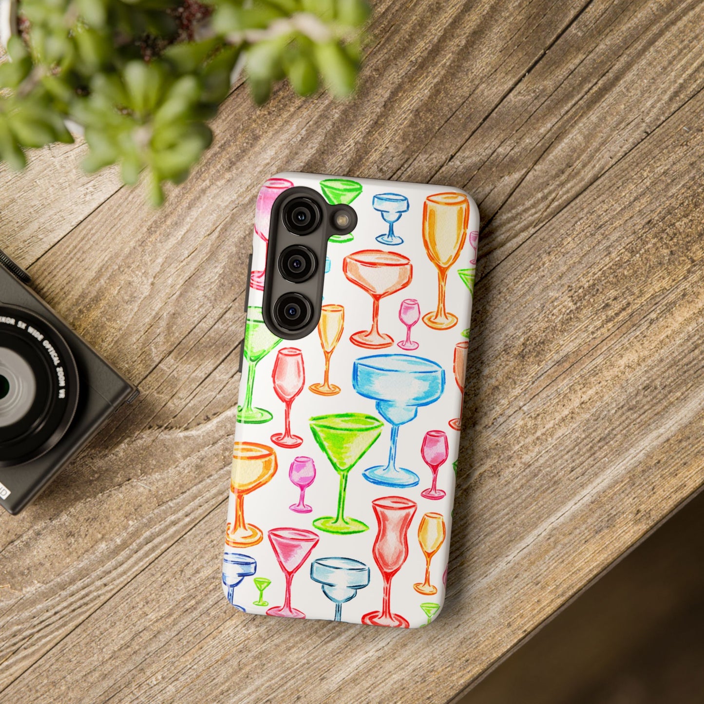 Monochromatic Margarita, Wine, Martini, and Champagne Flute Cocktail Glasses Watercolor Illustrated Tough Phone Case | Various Models Available